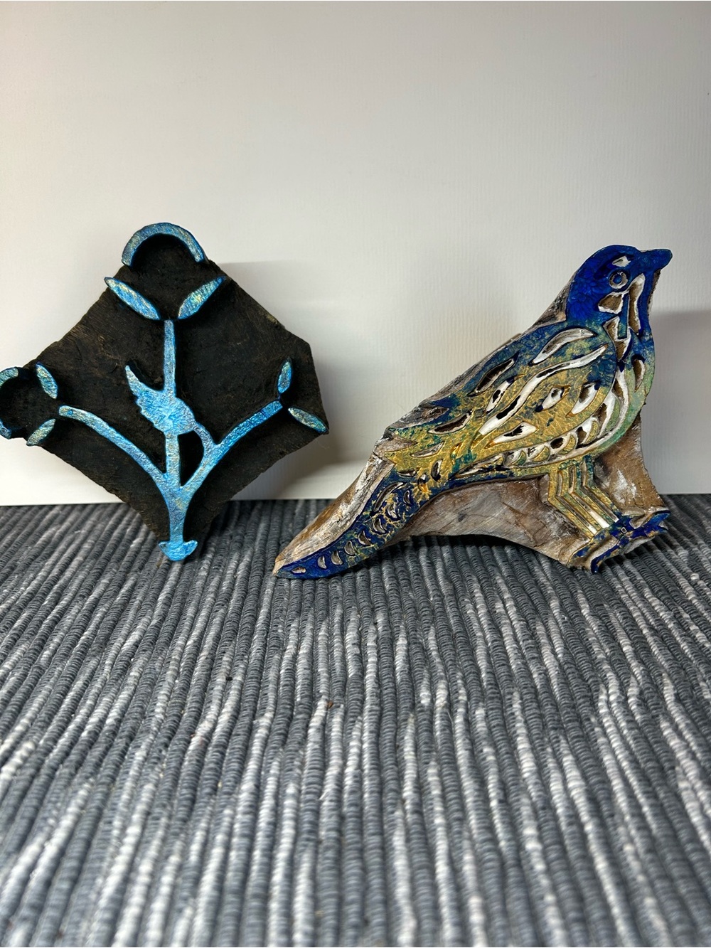 Vintage Hand-carved lot of 2 wooden printing blocks textile of bird and floral.